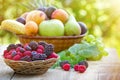 Fresh organic fruits in wicker basket