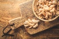 Fresh organic ginger roots on wooden background Royalty Free Stock Photo