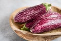 Fresh organic Graffiti eggplants in a wooden bowl on a concrete background. Royalty Free Stock Photo