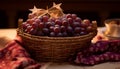 Fresh organic grapes in a wicker basket on wooden table generated by AI