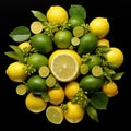 Fresh organic green Lime and yellow limon fruits with cut in half slice and green leaves isolated on black background. Royalty Free Stock Photo