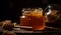 Fresh organic honey pouring from jar onto bamboo dipper, golden sweetness generated by AI