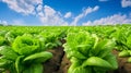 Fresh organic lettuce in a rural greenhouse. Rows of lettuce seedlings. Generative AI