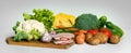 Fresh organic local farm food - group of vegetables, eggs and meat Royalty Free Stock Photo
