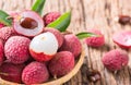Fresh organic lychee fruit on bamboo basket Royalty Free Stock Photo
