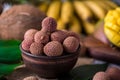 Fresh organic lychee fruit on bamboo basket and old wood background, Blurred background selective focus Royalty Free Stock Photo