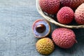 Fresh organic lychees in a basket on old wooden background.Exotic tropical lichi fruits.Raw diet or vegan food concept.
