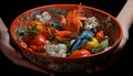 Fresh organic meal in ornate bowl with colorful vegetable decoration generated by AI
