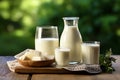 Fresh organic milk and alternative dairy products on rustic table