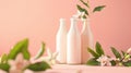 Fresh Organic Milk Bottles with Blossom on Pastel Background Royalty Free Stock Photo