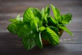 Fresh organic mint bunch on the old rustic wooden table.Fresh organic mint bunch on the old rustic wooden table. Royalty Free Stock Photo
