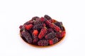 Fresh organic mulberries in brown bowl on white background healthy mulberry fruit food isolated Royalty Free Stock Photo