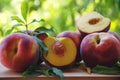 Fresh organic peaches on table