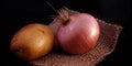 Fresh organic potatos isolated with onions in black background Royalty Free Stock Photo