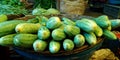 fresh organic produce cucumber bunch kept into wooden basket at vegetable shop Royalty Free Stock Photo