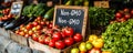 Fresh organic produce on display at a local farmers market with a prominent Non-GMO sign among vibrant tomatoes, zucchinis Royalty Free Stock Photo