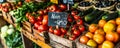 Fresh organic produce on display at a local farmers market with a prominent Non-GMO sign among vibrant tomatoes, zucchinis Royalty Free Stock Photo