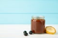 Fresh, organic pureed fruits in jar for baby. Shot for a story on homemade, organic, healthy baby food on blue Royalty Free Stock Photo