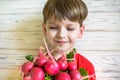 Fresh organic radish in child hands. Healthy food. Organic vegetables