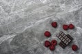 Fresh organic raspberries and two bars of organic 70% cocoa dark chocolate on a marble background with copy space Royalty Free Stock Photo