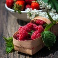 Fresh organic raspberry in basket. Royalty Free Stock Photo