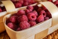 Fresh organic raspberry in basket. Selective focus. Royalty Free Stock Photo