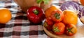 Fresh organic raw vegetable and fruit in bowl for salad on table, vegetarian and healthy food or ingredient and herb Royalty Free Stock Photo