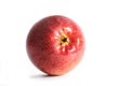 Fresh organic red apple lying on side, visible blossom and water drops on the skin, isolated with shadow on a white background, Royalty Free Stock Photo