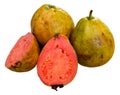 Fresh organic red guavas fruit cut in half on a wooden board. Exotic fruits, healthy eating concept