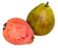 Fresh organic red guavas fruit cut in half on a wooden board. Exotic fruits, healthy eating concept