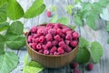 Fresh organic ripe raspberry with leaf in bowl on wooden table