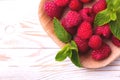 Fresh organic ripe raspberry with mint leaves in tray Royalty Free Stock Photo