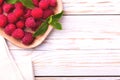 Fresh organic ripe raspberry with mint leaves in tray Royalty Free Stock Photo