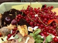 Fresh organic rubbish with currants in a small plastic bucket Royalty Free Stock Photo