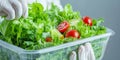 Fresh organic salad preparation with lettuce and tomatoes by a gloved hand Royalty Free Stock Photo