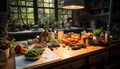 Fresh organic salad preparation on rustic kitchen table with vegetables generated by AI Royalty Free Stock Photo