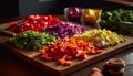 Fresh organic salad with sliced vegetables on rustic wooden plank generated by AI Royalty Free Stock Photo