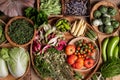 Fresh organic Southeast Asian vegetables and edible flowers from local farmer market, Northern of Thailand