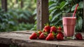 fresh organic strawberries and a glass of strawberry smoothie on table Royalty Free Stock Photo