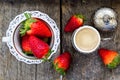 Fresh organic strawberries and traditional turkish coffee on wooden background Royalty Free Stock Photo