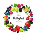 Fresh organic summer berries and fruits. Strawberry blueberry gooseberry blackberry raspberry. Healthy food vegan cafe