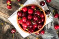 Fresh organic sweet cherries in a clay bowl Royalty Free Stock Photo