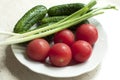 Fresh organic tomatoes and cucumbers with green onions on a white plate Royalty Free Stock Photo