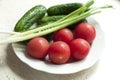 Fresh organic tomatoes and cucumbers with green onions on a white plate Royalty Free Stock Photo