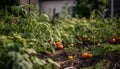 Fresh organic tomatoes grow in healthy vegetable garden generated by AI