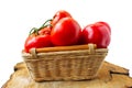 Fresh organic tomatoes with water drops in a basket isolated on white. Close up Royalty Free Stock Photo