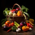 Fresh organic various vegetables in wicker basket on wooden table on black background. Selective focus. Harvesting Royalty Free Stock Photo