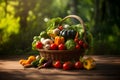 Fresh organic various vegetables in wicker basket on wooden table in garden. Selective focus. Harvesting concept Royalty Free Stock Photo
