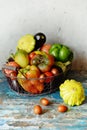 Fresh organic vegetables in a basket on a gray background. Harvest of pepper, tomatoes, eggplant and mini pumpkin patissons. Royalty Free Stock Photo