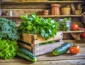 Fresh Organic Vegetables Displayed Rustically on Wooden Shelf